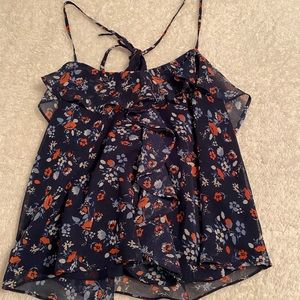 Blue Floral Racer back Tank with Ruffle